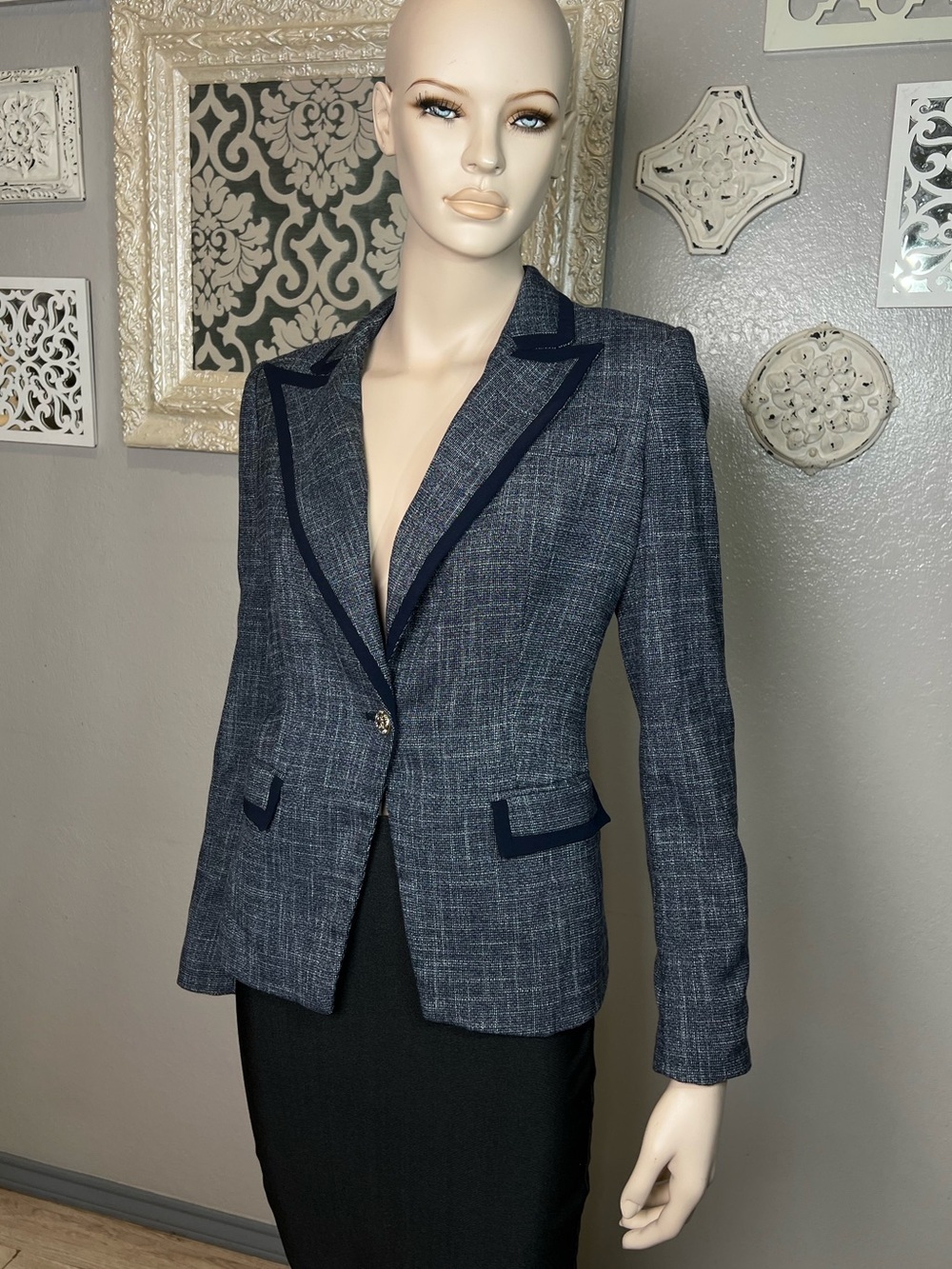 Tommy Hilfiger Navy Tweed Blazer with Contrast Trim